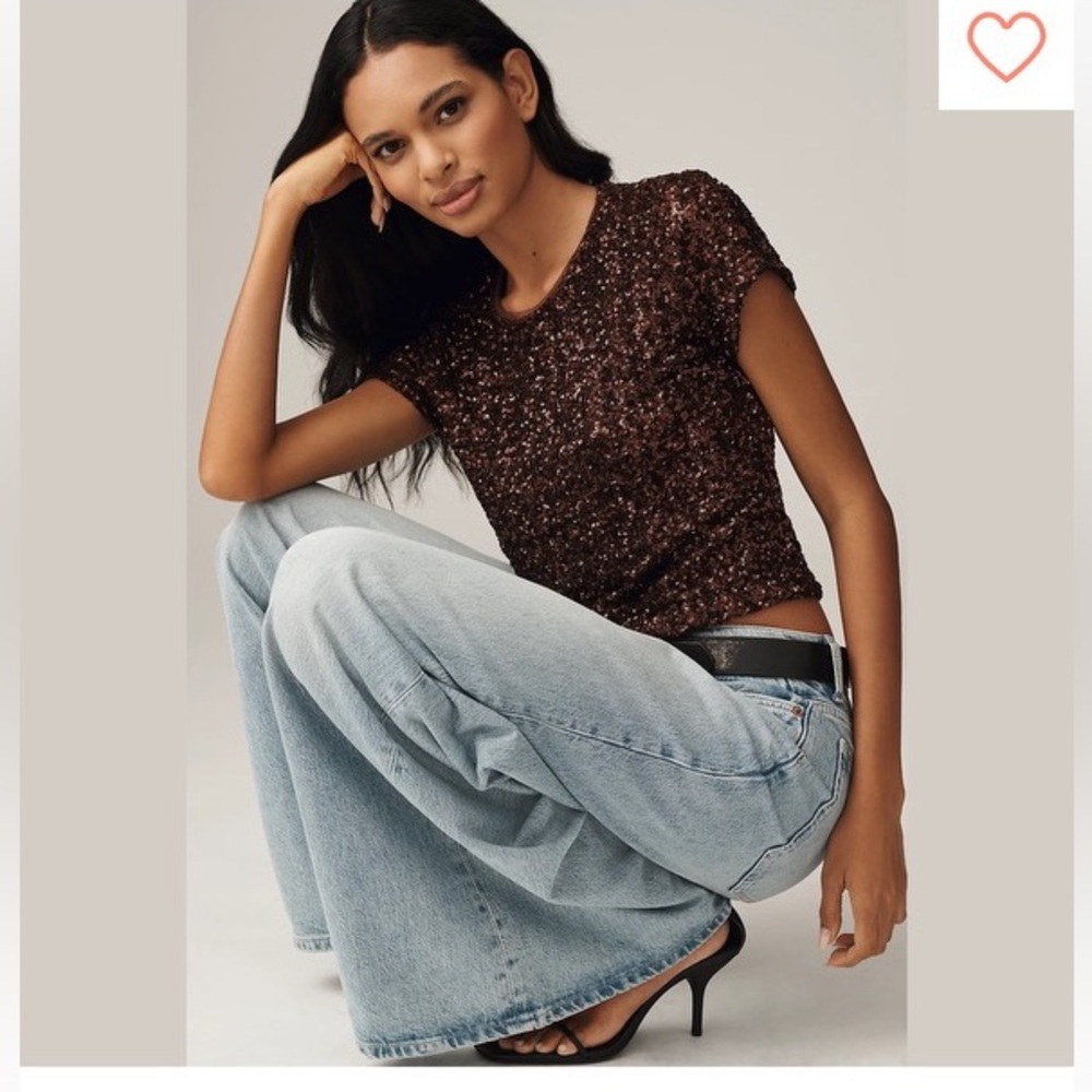 🆕 MAUVE for Anthropologie Sequin Tee Sepia Brown Shimmer Stretch Crop Resort NWT